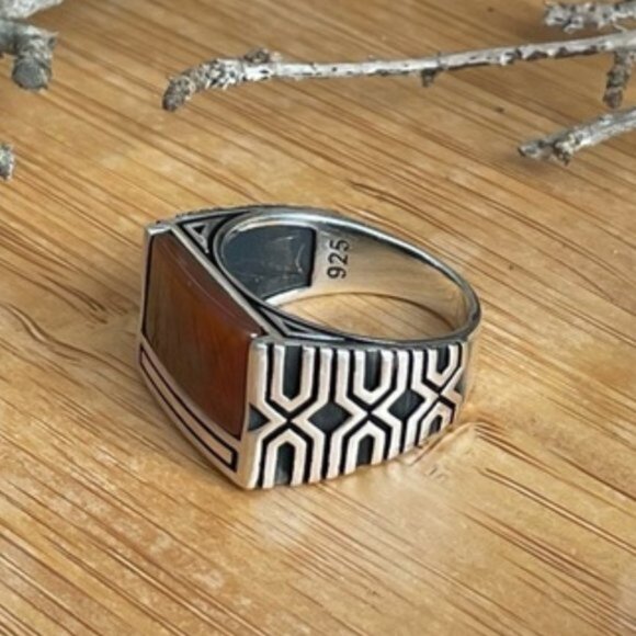 925 Sterling Silver Men's Ring With Agate Stone - Picture 3 of 12
